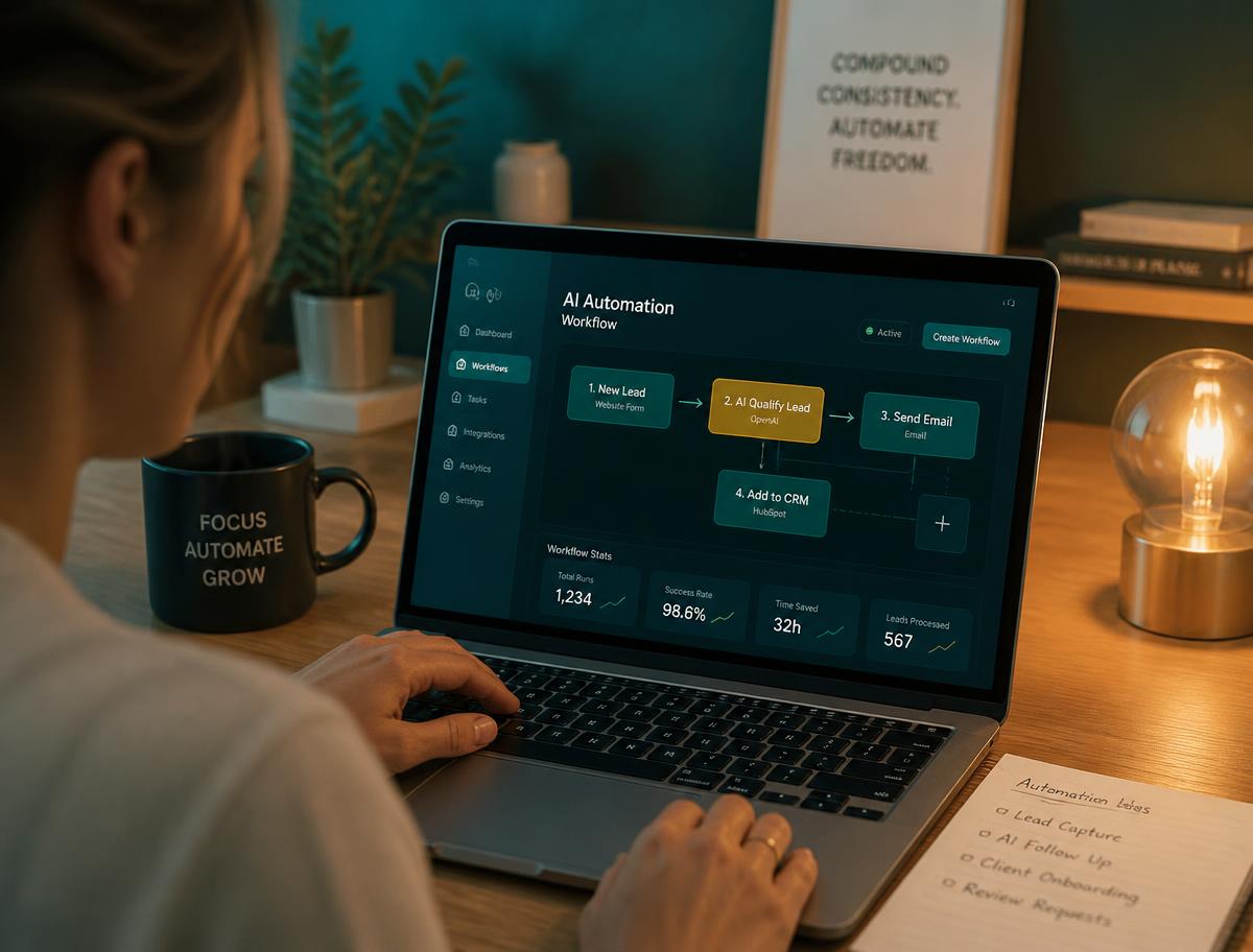 Small business owner reviewing an AI workflow dashboard on a laptop
