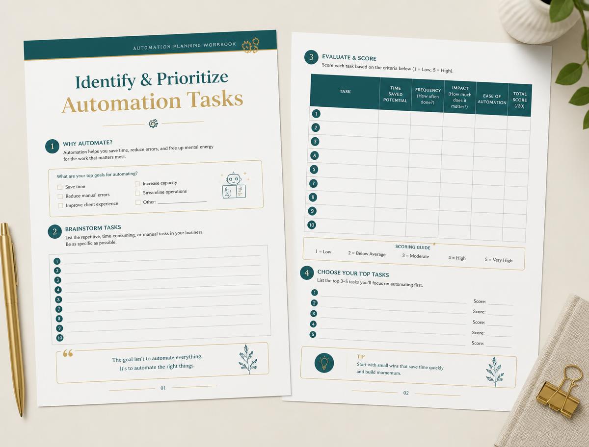 Printed workbook pages from the Zenith Digital AI agent workbook